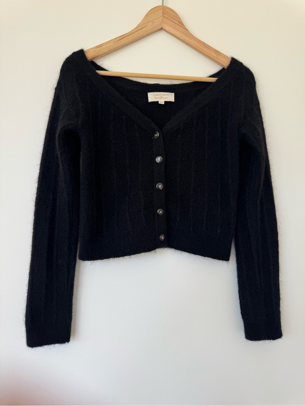Sézane Abele Black V-Neck Button-Front Wool Blend Cardigan